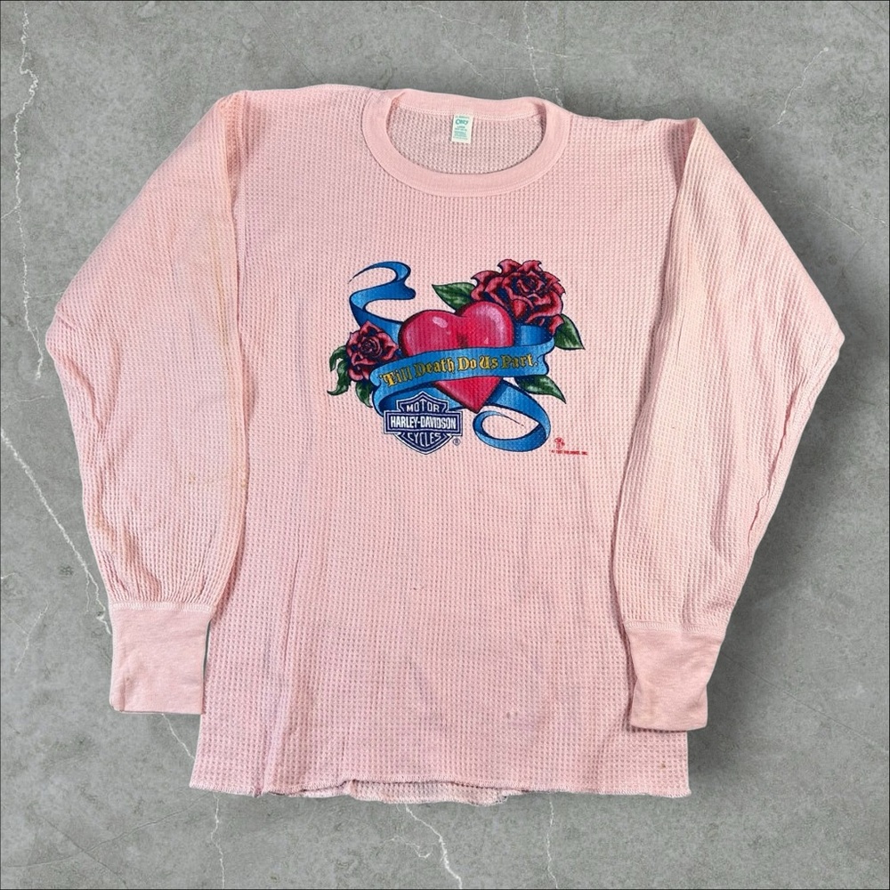 Vintage Harley-Davidson Shirt Women Large Pink Thermal Till Death Do Us Part 80s